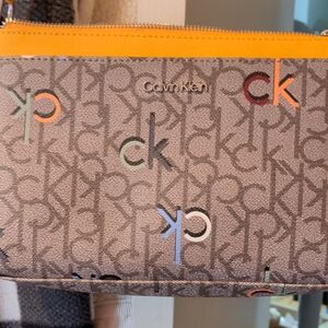 Calvin Klein Brown Monogram Crossbody with Yellow Trim
